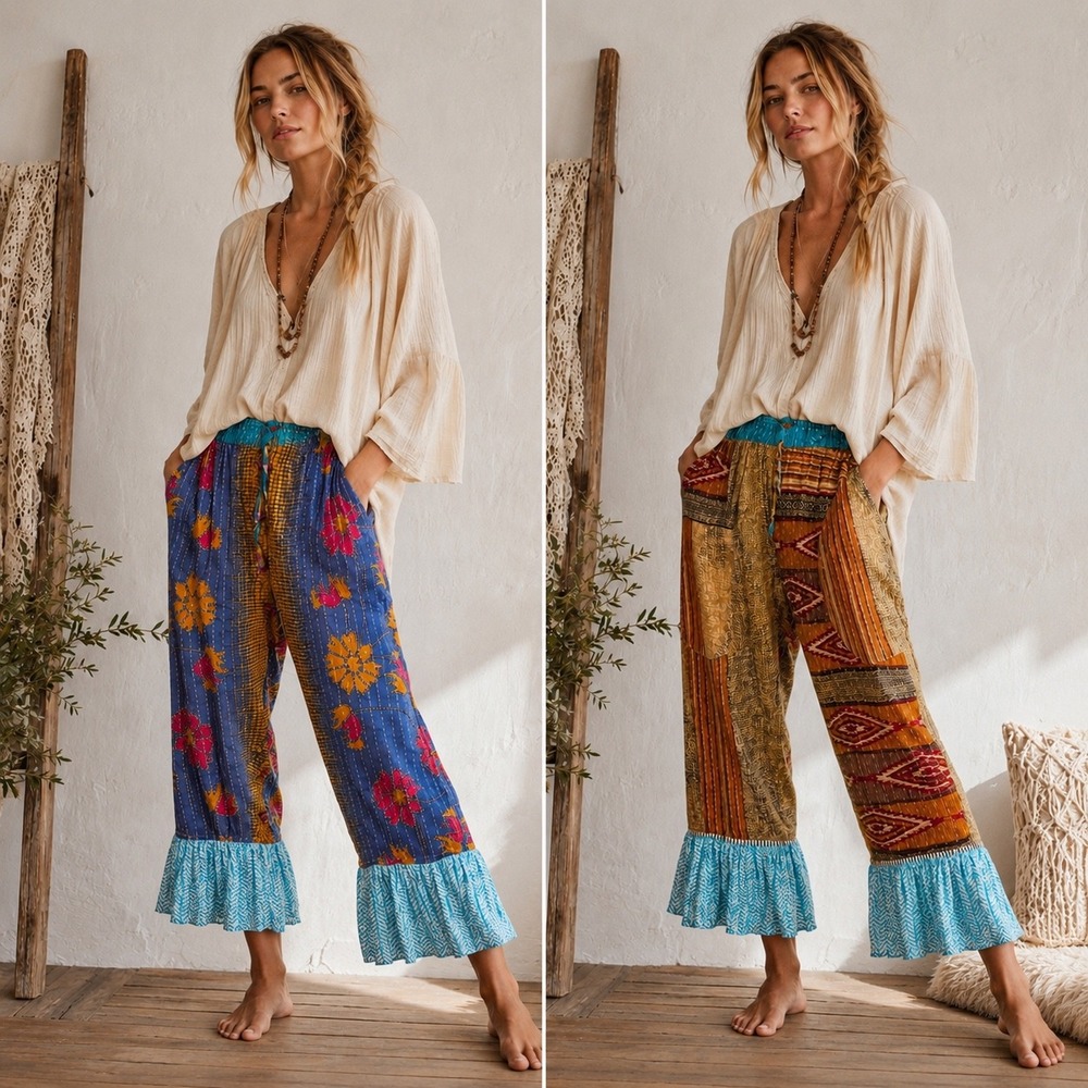 Kantha Patchwork Wide Leg Quilted Bloomer Pants OS Reversible Boho One Of A Kind